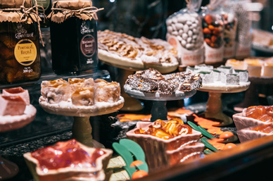 Eid al-Fitr sweets and desserts displayed for festive celebration and holiday travel with Ethiopian Airlines.